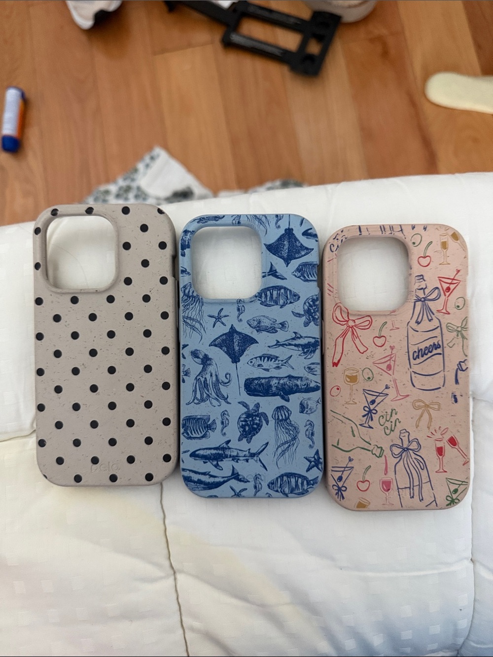 Pela Eco-Friendly Phone Case Trio — Polka Dot Black, Ocean Blue, Pink Cheers